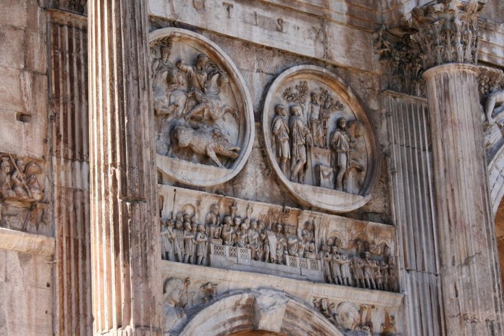 The artistic style of the roundels from Hadrian's time (first third of the second century) markedly differs from the rectangular panel below (4th century)