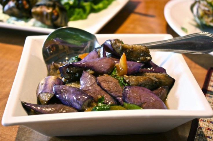 Stir-fried eggplant with garlic, Thai Basil and bell peppers