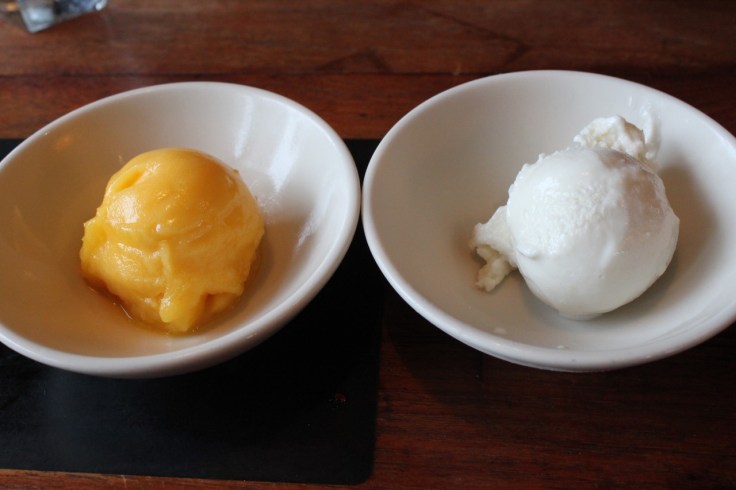 Mango sorbet and ginger ice cream
