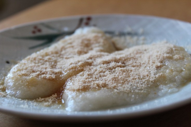 Softened mochi sprinkled with sweetened kinako