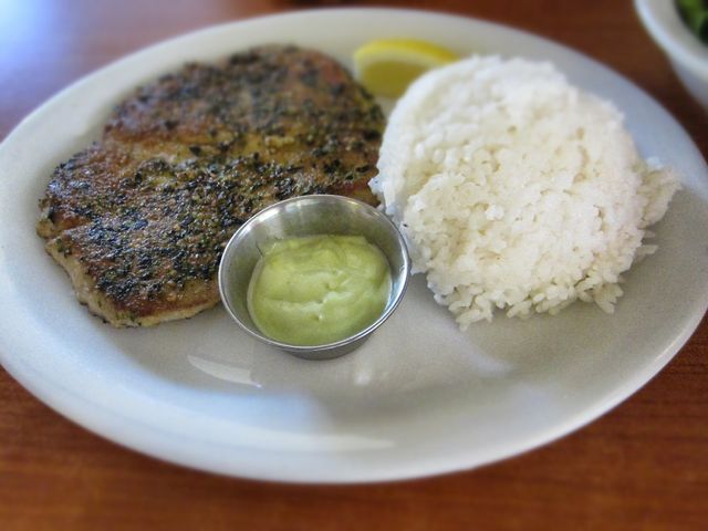 Ahi steak with furikake-macadamia crust and wasabi mayonnaise