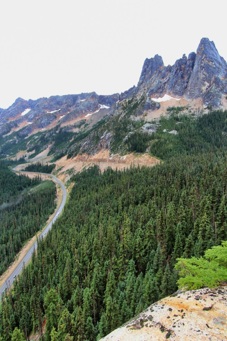View of hairpin curve from Washington Pass Overlook. Liberty Bell at upper right.
