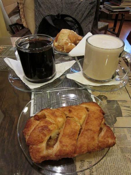 Drip coffee, chai latté and sweet rolls