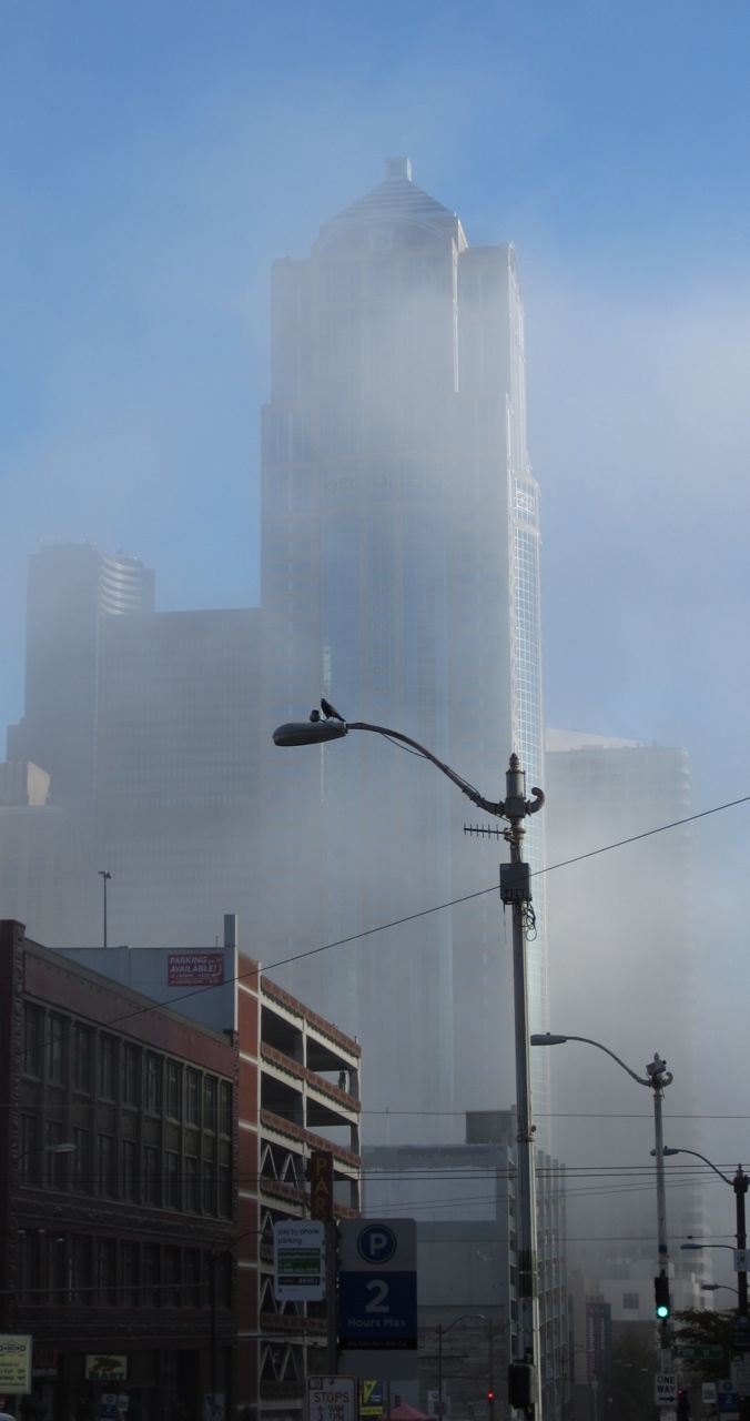 Skyscraper in fog, taken from 2nd & Stewart