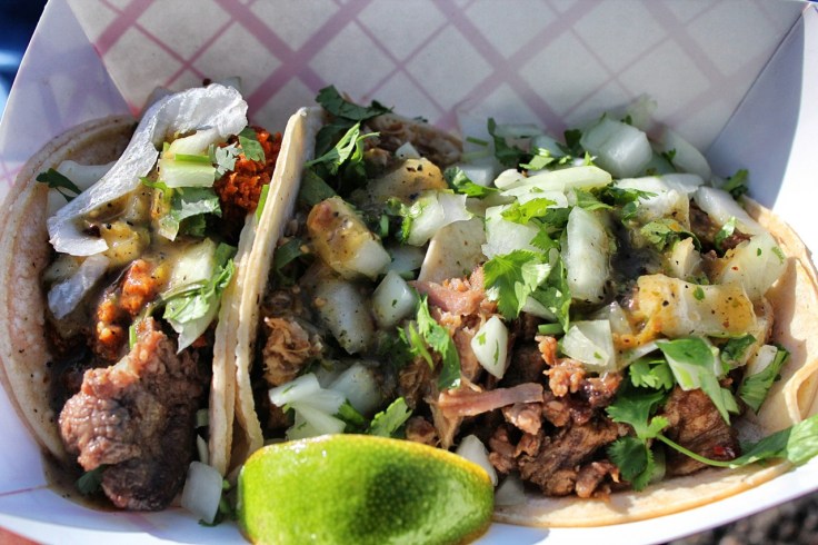 Soft tacos: al pastor, carnitas, chupa cabras (L to R)