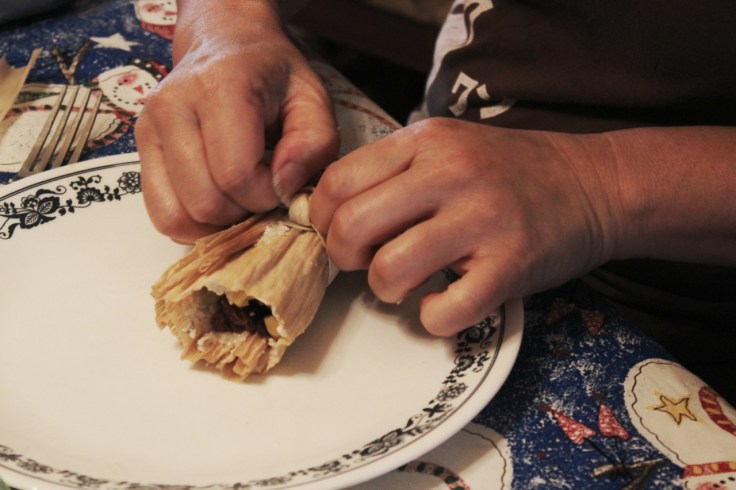 Tying the husk (this step identifies tamales for the vegetarians)