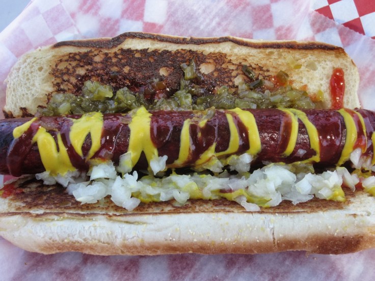 Polish hot dog with the works