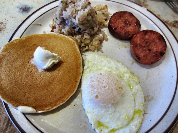 Portuguese sausage eggs 'n' things with fried egg, buttermilk pancake and fried rice