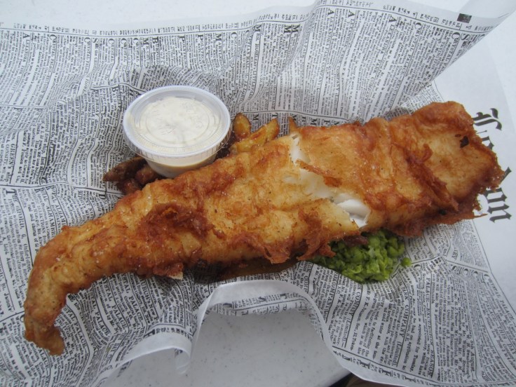 Nosh's British fish and chips with mint mushy peas